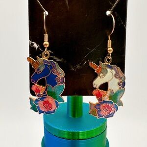 Vintage Cloisonné Unicorn Mismatch Goldtone Dangle Earrings